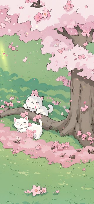 治愈樱花树下的小懒猫