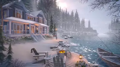 雪天湖畔篝火小屋 